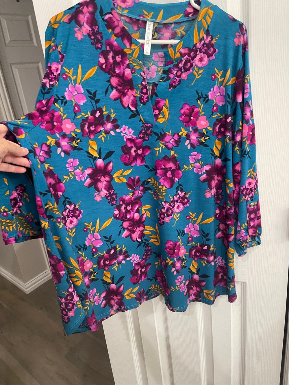 Scarlett Teal Floral Split-Neck Tunic with Magenta Blooms and Mustard Leaves - Picture 5 of 7